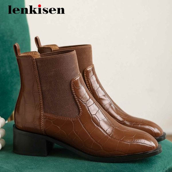 

boots lenkisen stretch stone pattern patchwork round toe thick med heel slip on pretty girls dress ankle l1f1, Black