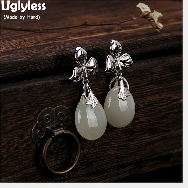 

uglyless real 925 sterling silver handmade leaves earrings for women natural jade water drop earrings thai silver fine jewelry