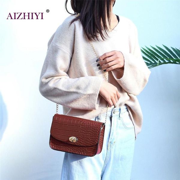 

female square crocodile pu leather crossbody messenger bag women retro purse casual flap chain pure color shoulder handbag