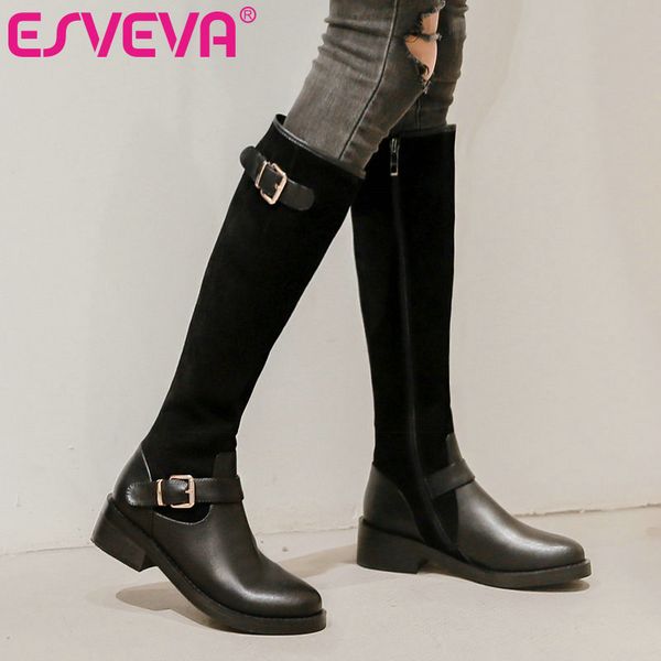 

esveva 2020 shoes women knee-high boots med heel pu+leather boots fashion platform round toe elegant motorcycle size 34-39, Black