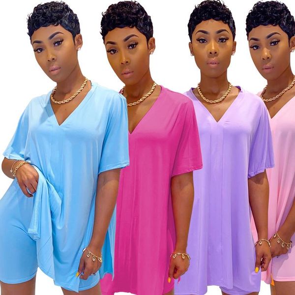 

женская летняя мода casual solid v шеи batwing коротким рукавом сыпучие верхняя и шорты two piece set, Gray