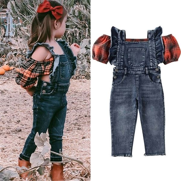 

fashion 2pcs kids baby girl cloth balloon sleeve vest plaid crop denim suspender pants outfit costume, White