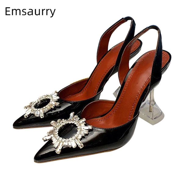 

bright patent leather gladiator sandals women clear crystal goblet heel pointed toe jeweled sunflower buckle summer shoes woman, Black