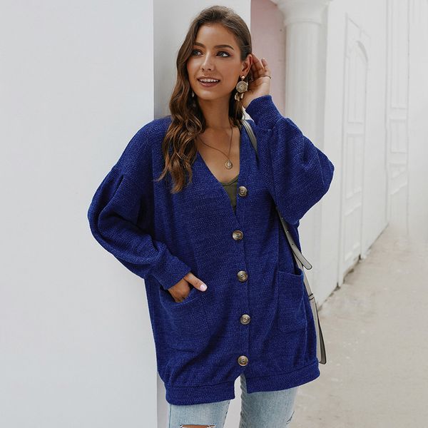 

fashion- women knit coat 2020 autumn new ladies button long puff sleeve coat knitwear outwear pocket solid color loose, Black;brown