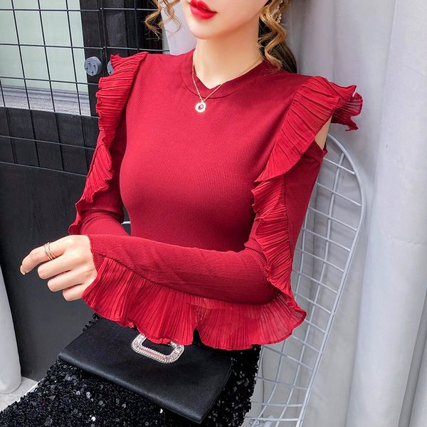

long-sleeved t-shirt female autumn 2020 new style korean-style fashion sense of design strapless flounced long sleeve western st, White