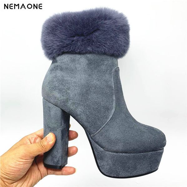 

nemaone suede leather snow boots woman high heels platform ankle boots women round toe autumn winter shoes large size 41 42 43, Black