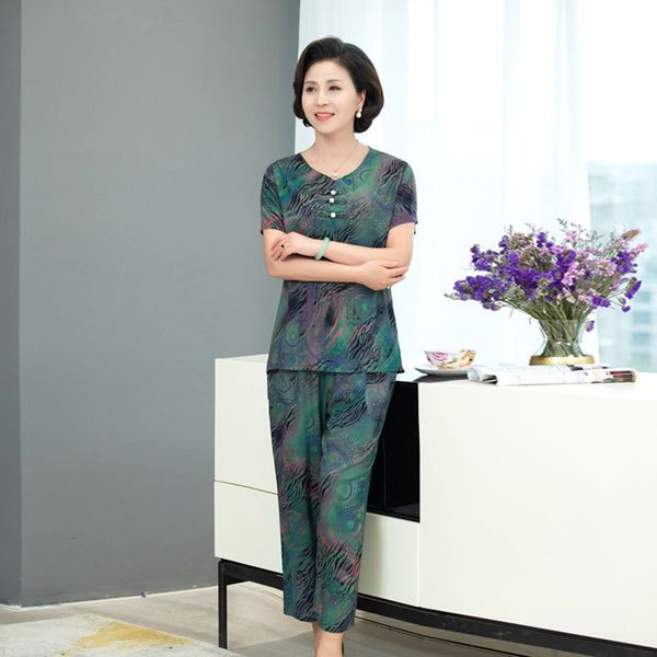 

summer middle-aged mother nine nine t-shirt ankle-length pants women's clothing extra-fat version 40-60 years old middle-aged and elder, Gray