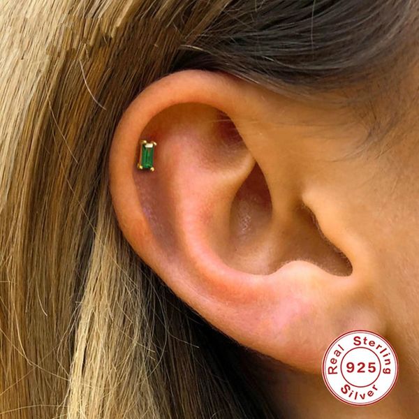 

junerain brand luxury square emerald green stone stud earrings for women small piercing earings kolczyki cartilage 925 sterling silver, Golden;silver