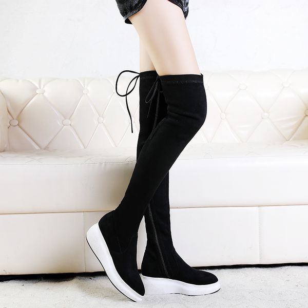 

winter thigh high shoes women cow leather over the knee high motorcycle boots female stretchy wedges heel fashion sneakers, Black