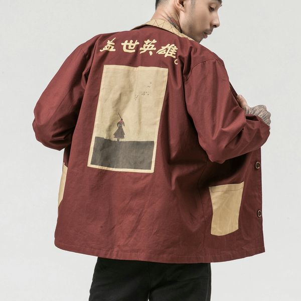 

Januarysnow Fashion Men's Long Section of the Print Personality Jacket Autumn Loose Retro Chinese Style Men's jacket Overcoat 5XL