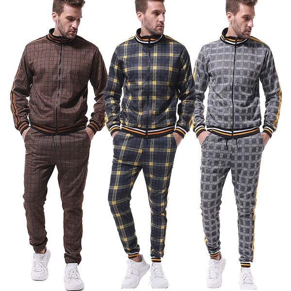 

mens tracksuits europe and america fashion autumn new men plaid print sport suits casual men sportswear sweater 4 colors size -3xl, Gray