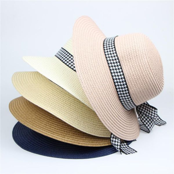 

Summer Comfy Sun Hat Women Casual Hat Beach Straw Hats Fashionable Houndstooth Bowknot simple elegant Straw Y704, Blue;gray