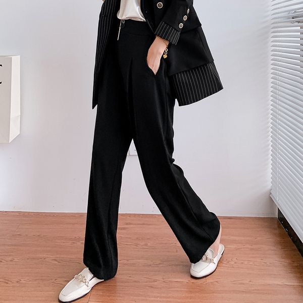 

plus size women's casual loose black women's trousers 2020 new autumn and winter female high waist wide leg pants suit pants, Black;white