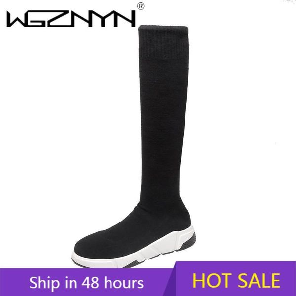 

wgznyn 2020 autumn boots women sock shoes stretch fabric shoes slip-on over the knee boots women botas de mujer booties, Black