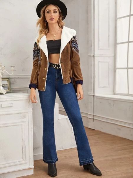 

women autumn winter thick jacket double breasted tribal print faux shearling collar corduroy jacket sell cool winter coat size s-xl, Black;brown