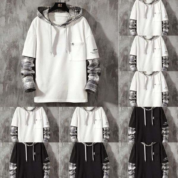 

with hat men's spring and autumn men's fake two-piece long-sleeved hoodie hoodiehoodie trendy handsome autumn clothes substitute g, Black