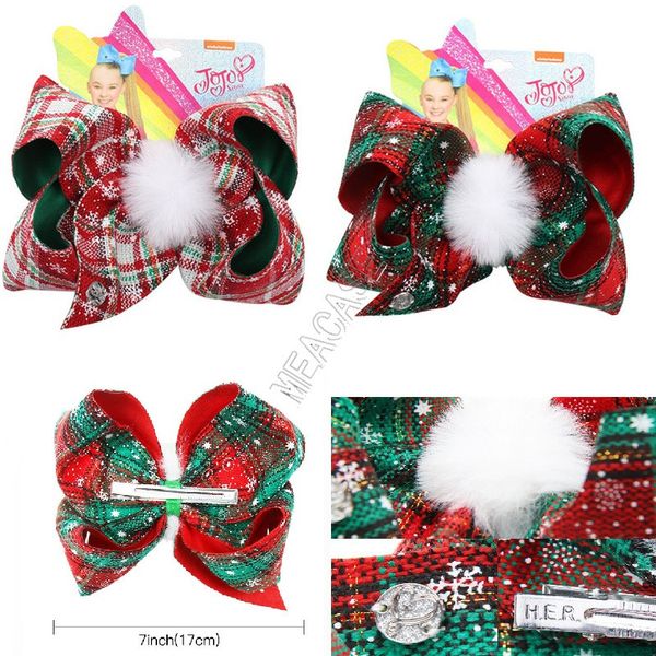 

7inch jojo siwa christmas hairpin for baby girls plaid big bows hair clip bowknot fur ball hair pins bobby pin barrettes headress d92201, Slivery;white