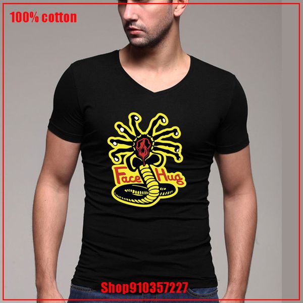 

2020 summeralien snake cobra kai karate kids face hug dojo hug first strike hard chest show no mercy v-neck t-shirt