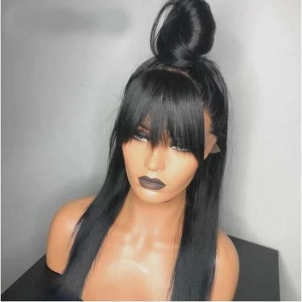 

lace wigs natural black with bangs average size cap front human hair 5x5 pu silk base wig bleached knots baby, Black;brown