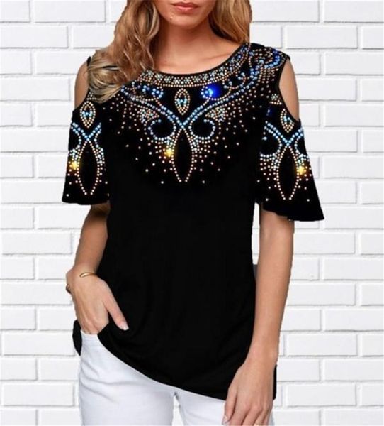 

hollow out plus size womens short sleeve tees casual females clothing sequins panelled womens designer tshirts fashion, White