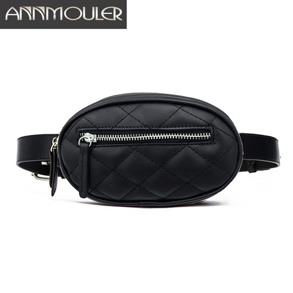 

annmouler waist bags for women new casual fanny pack solid leather waist pack black white bum chest bag pu leather phone pouch