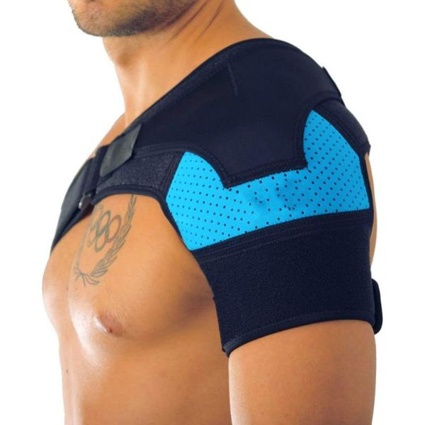 

back support men women adjustable breathable sports care single shoulder gym brace guard strap wrap belt band pads bandage, Black;blue