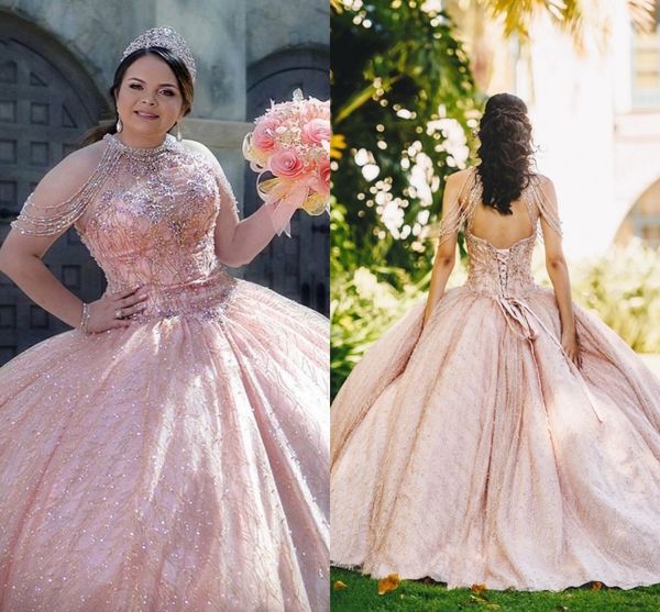 Beading alta Neck Rose rosa vestido Quinceanera Sparkly Tulle Satin cristal frisado Open Back doce 16 Dresses Mulheres Prom Bola Vestidos Único