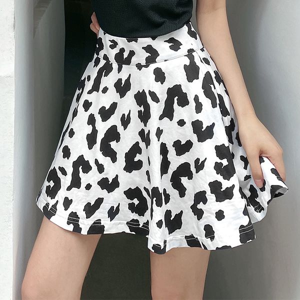 

women sweet milk cow print skirts high waist a-line loose holiday club fashion casual mini skirts, Black