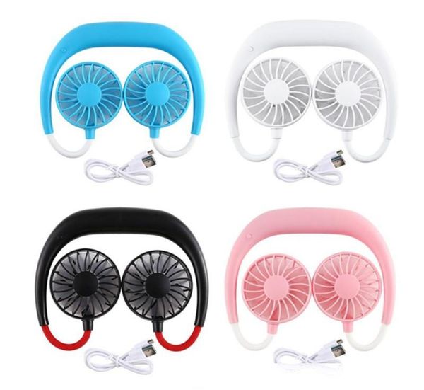 

2020 new usb rechargeable wearable hands-neckband fan mini neck double head flexible fan 3 speed adjustable home office outdoor travel