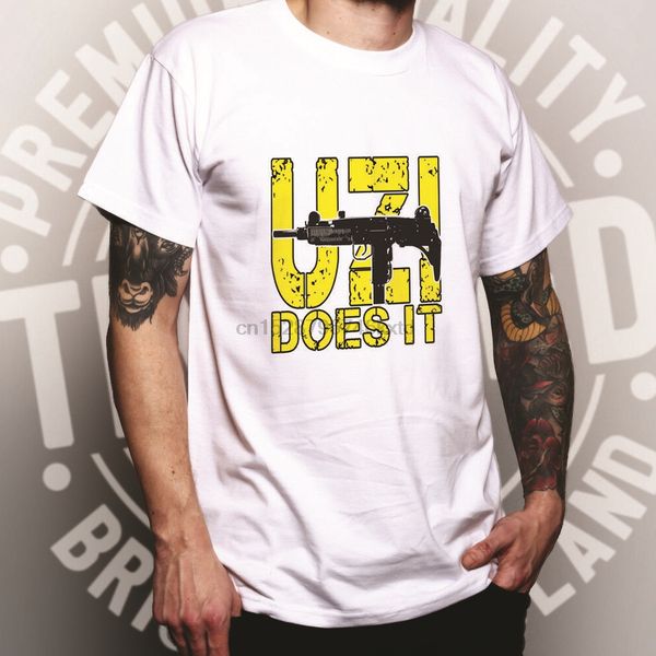 

novelty shooting t shirt uzi does it slogan gun weapon range machine gun men homme 2020 for tall and big men offensive t shirts