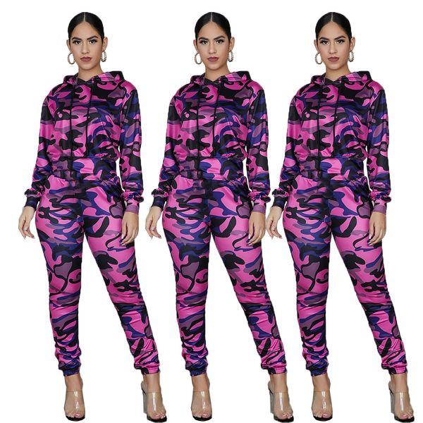 

camouflage women 2 piece set casual long sleeve hooded sweatshirt 2 piece sweatpants autumn women clothes, Gray