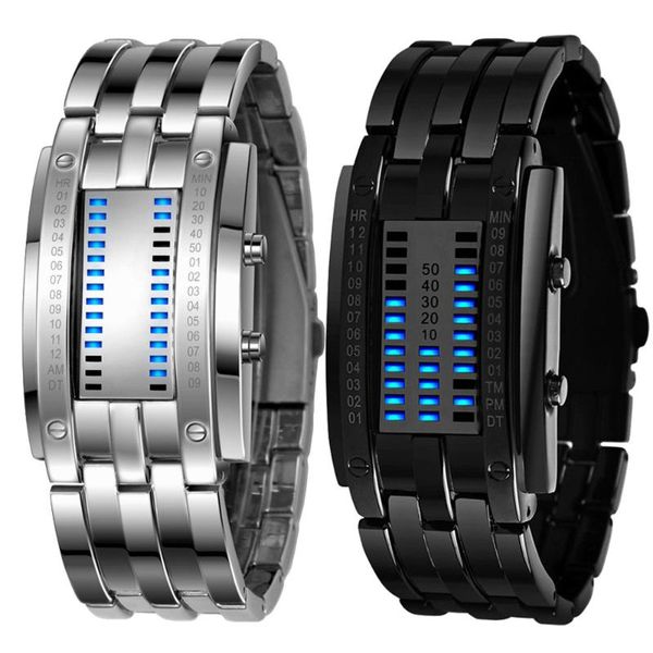 

men's black stainless steel date digital led bracelet sport watches future technology binary watch casual relogios masculino q, Slivery;brown