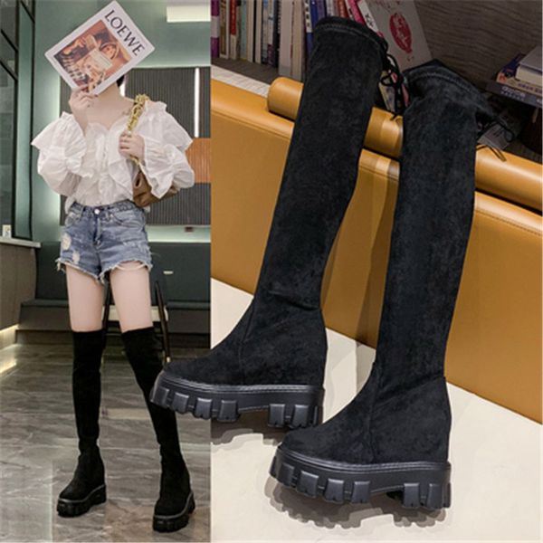 

2020 winter over the knee boots women platform thigh fashion long boots wedge high heel slip on elastic flock motorcycle, Black