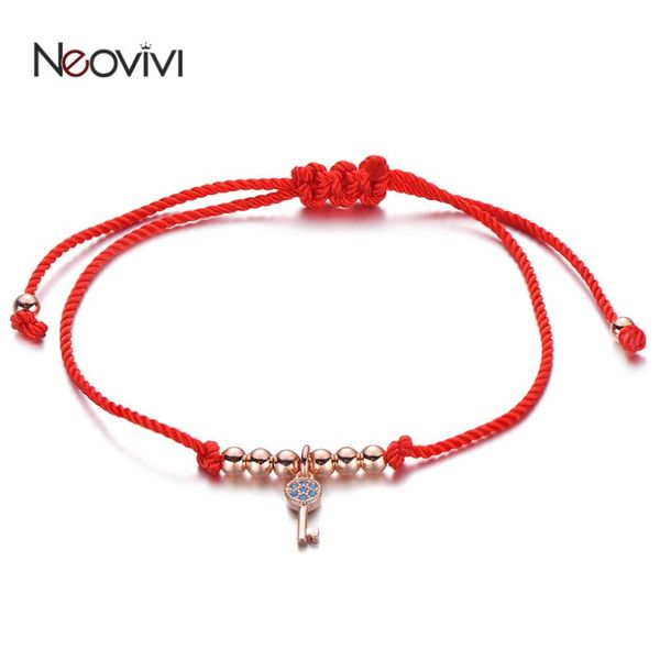 

charm bracelets neovivi lucky key pendant bracelet micro pave blue zircon metal bead red black rope string handmade jewelry gift, Golden;silver