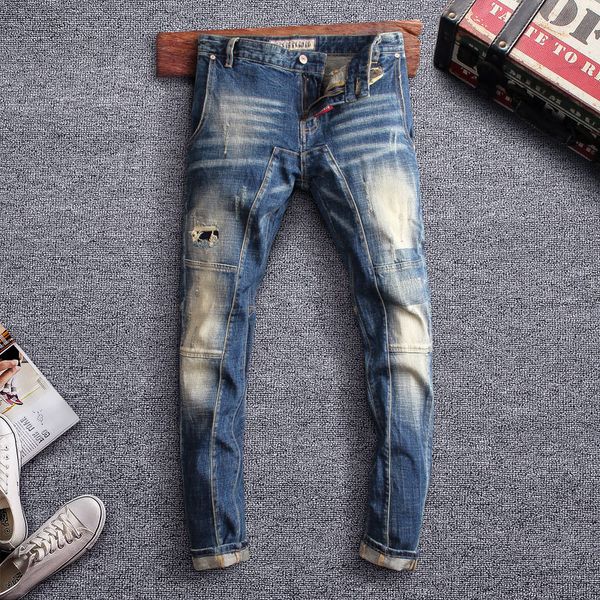 

italian new fashion men jeans vintage designer spliced slim ripped jeans men hip hop pants streetwear biker homme, Blue