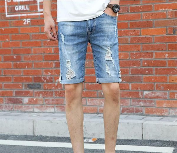 

straight mid waist zipper fly pants mens designer hole blue jeans knee length street jeans pants