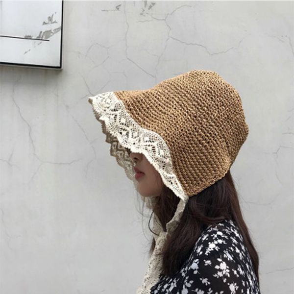 

wide brim hats travel spring and summer foldable lace straps loli straw hat female small fresh sunscreen sun crochet ladies, Blue;gray