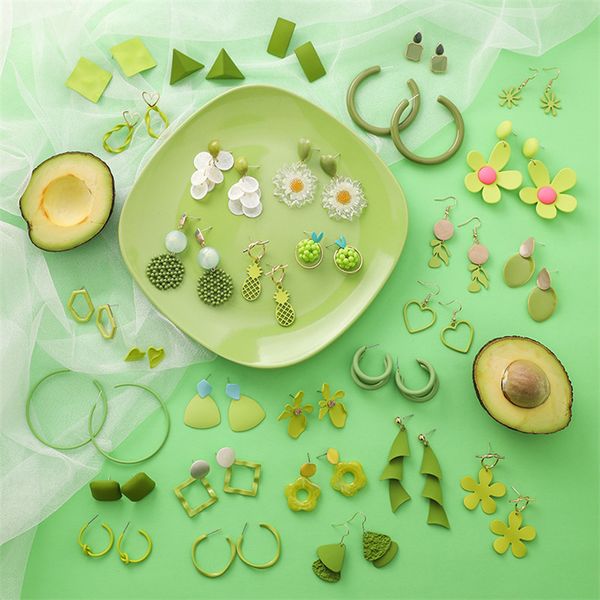 

stud fashion green spring acrylic flower heart geometric round earrings for women elegant cute wedding jewelry party, Golden;silver