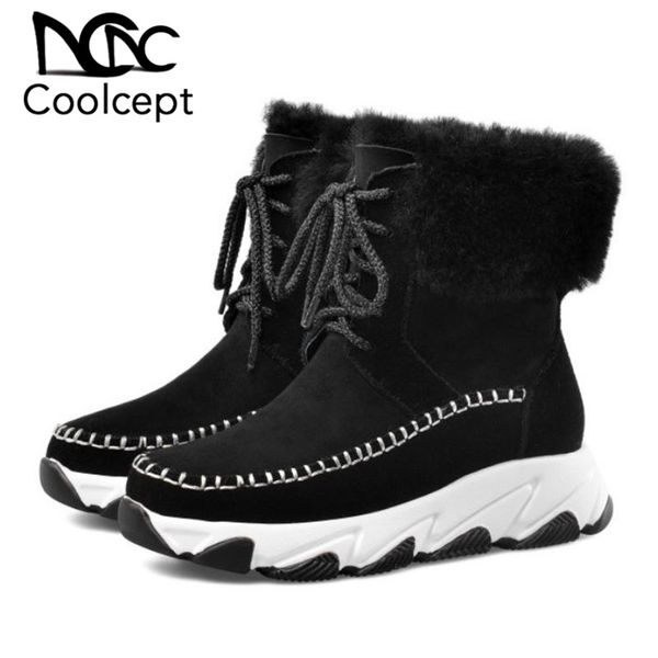 

boots coolcept 2021 snow for women genuine leather ankle lace up warm plush fur outdoor winter shoes size 34-39, Black