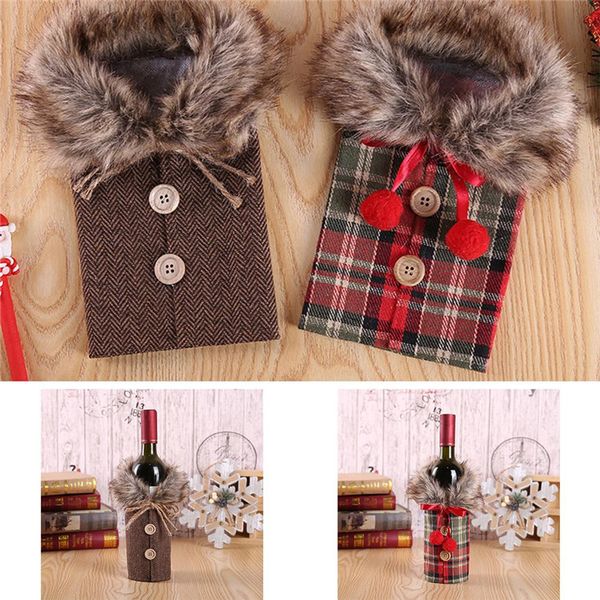 

creative wine cover with bow plaid linen bottle clothes with fluff creative wine bottle cover fashion christmas decoration