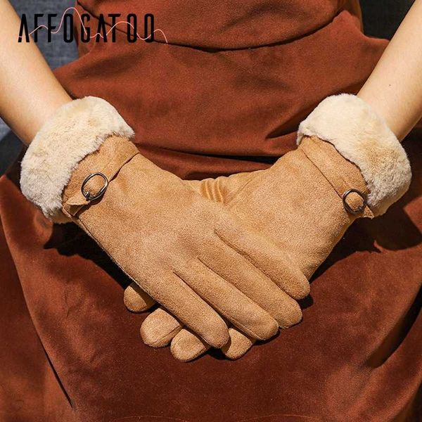 

affogatoo casual thick full finger winter glove women suede windproof female warm fur glove outdoor driving ladies gloves mitten, Blue;gray