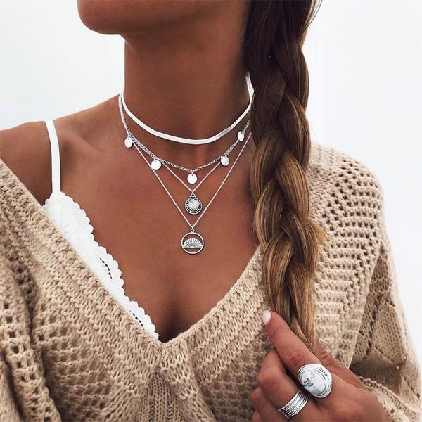 

cowbread fashion multi-layer women necklace blade chain choker clavicle female boho fan necklace jewelry gift, Silver