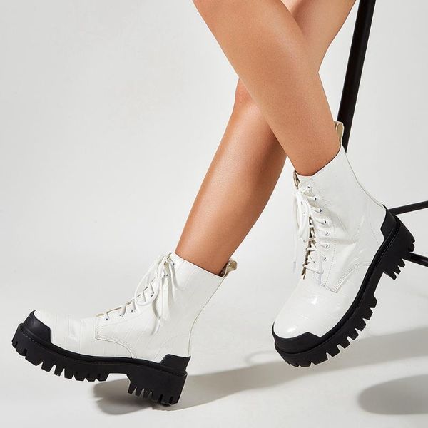 

sarairis 2020 new design comfortable boots women shoes lace up platform square med heels ankle boots cross-tied office shoes, Black