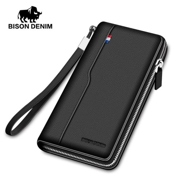 

wallets bison denim fashion brand men genuine leather long zipper purse large capacity holder wallet, Red;black