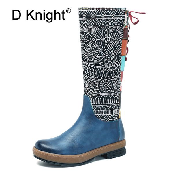 

boots d knight fashion genuine full grain leather flat with shoes handmade round toe heel 3cm winter spring knee high for women, Black