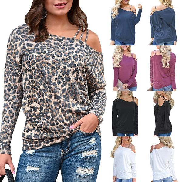 

loose tees ladies casual clothes women leopard strapless t shirt one shoulder long sleeve, White