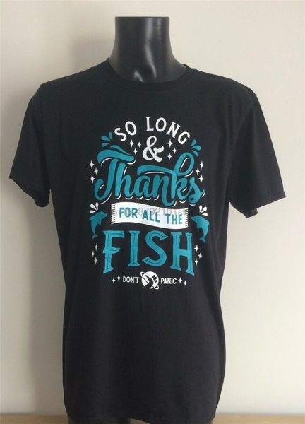 

douglas adams - so long thanks for all the fish t shirt - black - large festive tee shirt