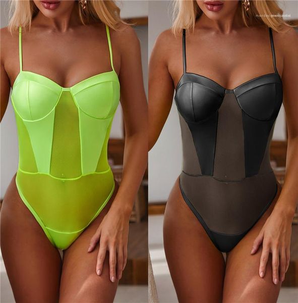 

bikinis solid color lace see through womens designer one piece backless skinny summer female swimwear pu panelled womens, White;black
