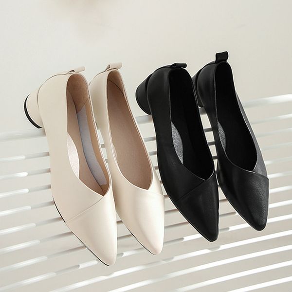 

dress shoes genuine leather chunky heel pumps woman slip-on work business high heels 3.5cm block heeled ladies, Black