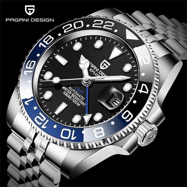 

pagani design gmt 40mm mechanical watch men's brand stainless steel sports waterproof automatic watch relogio masculino 0924, Slivery;brown